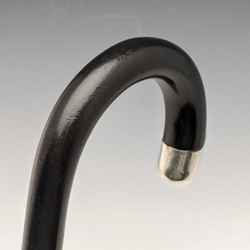 1930 British Vintage Men's Cane, Black Shaft, Sterling Silver Decorated Curved Handle, 92cm